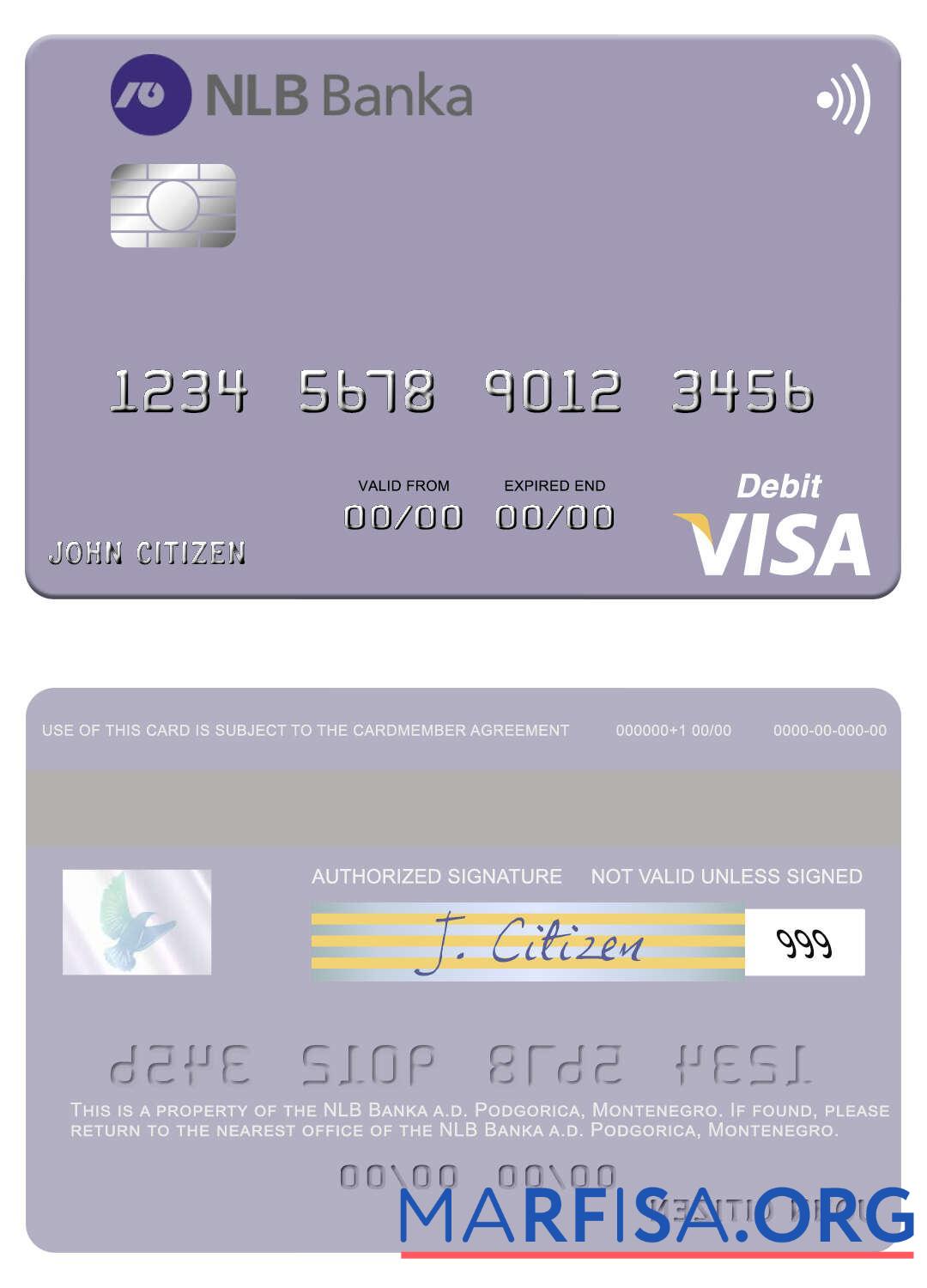 Blank Montenegro NLB Banka a.d. Podgorica visa debit card download for verification